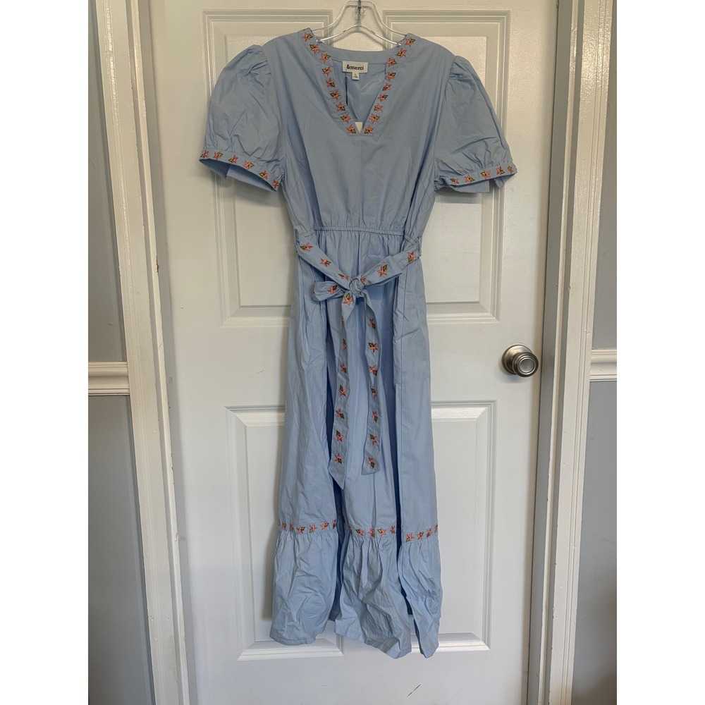 &merci Floral Embroidered Maxi Dress Womens Large Blue Cotton Puff Sleeve Belted